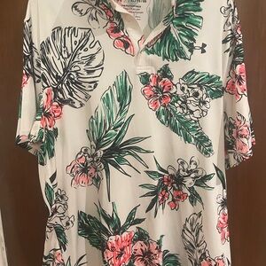 Under Armour Men's Golf Tropical Print Polo - White, Green, and Pink